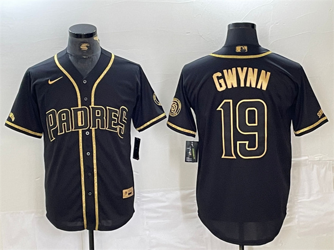 Men's San Diego Padres #19 Tony Gwynn Black Gold With Patch Cool Base Stitched Baseball Jersey